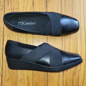 I HEART LOVE COMFORT *Morgan* Black Leather Stretch Slip On Wedge Loafer 7 1/2 w